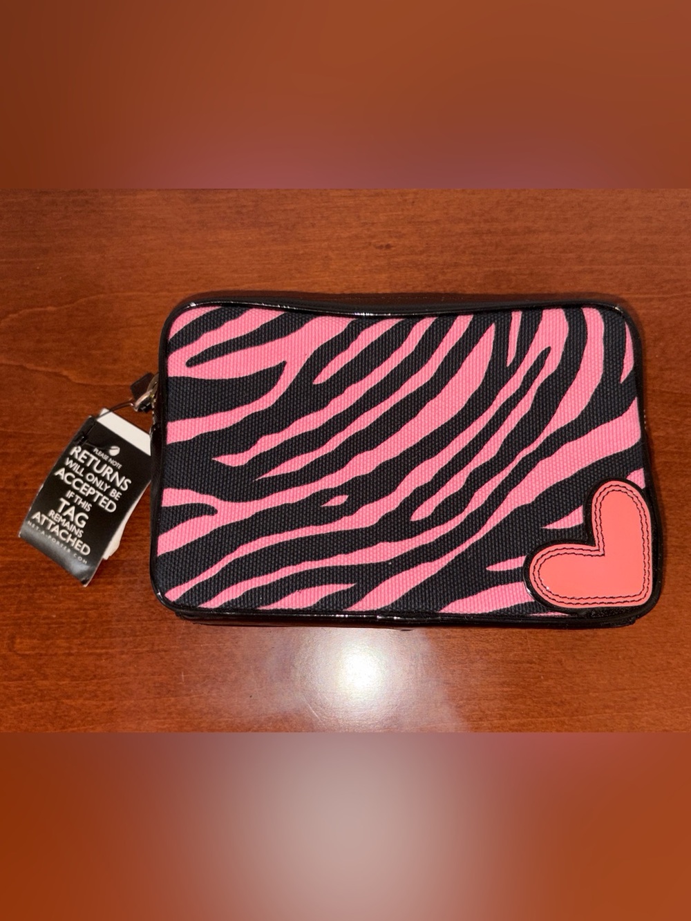 KATIE BRAND LOVES HOGAN Pink and Black Zebra Print with Heart Accent Makeup Bag